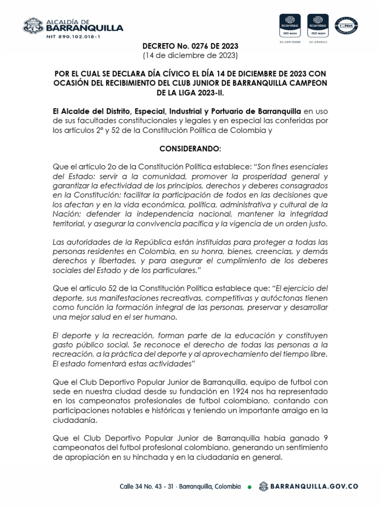 Día Cívico por el Club Junior en Barranquilla | PDF | Deportes | Gobierno