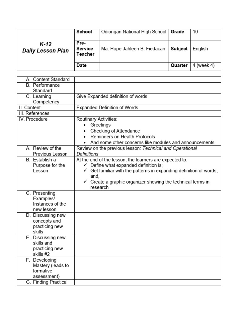 Grade 10 English Lesson Plan: Expanded Definitions | PDF | Lesson Plan ...