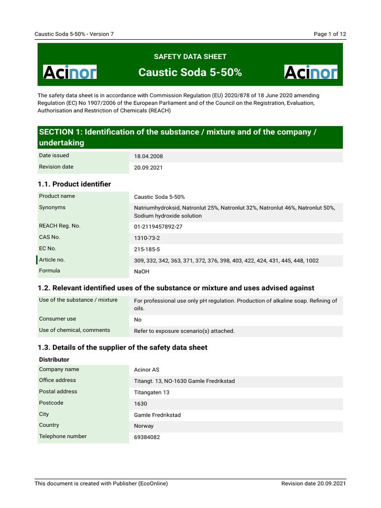Caustic Soda 550 MSDS Acinor PDF Toxicity Sodium Hydroxide