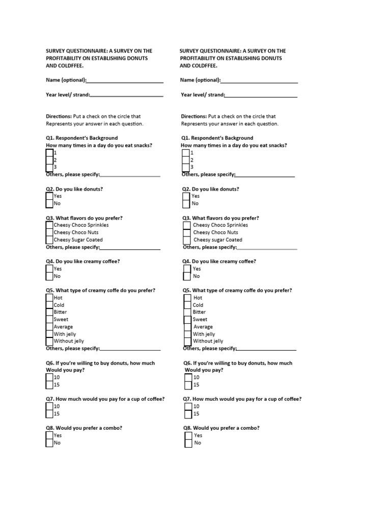 Survey Questionnaire PDF Doughnut Food And Drink