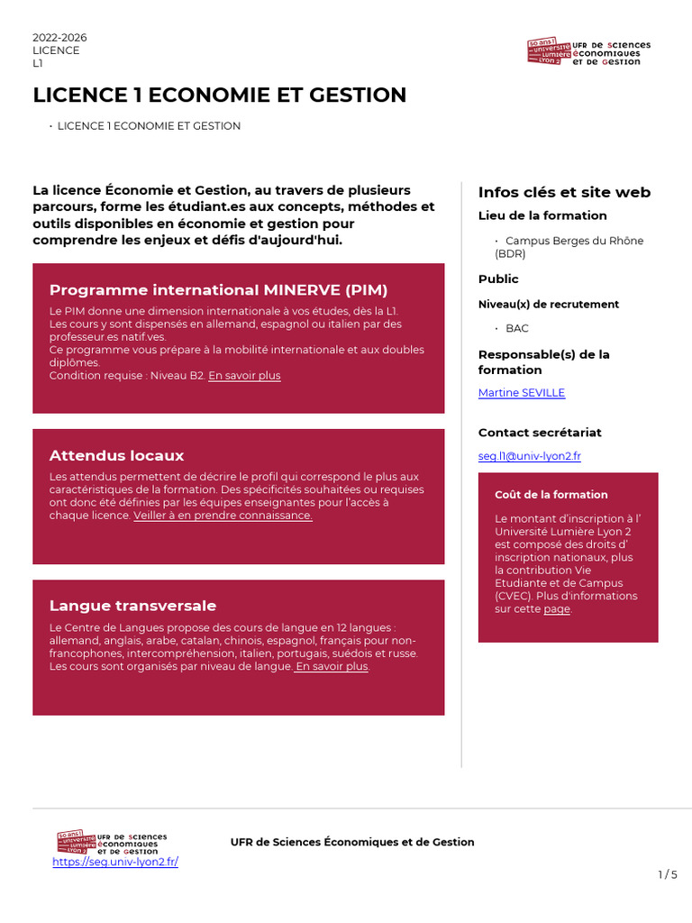 Licence 1 Économie et Gestion 20232026 PDF Mathématiques Économie — free download