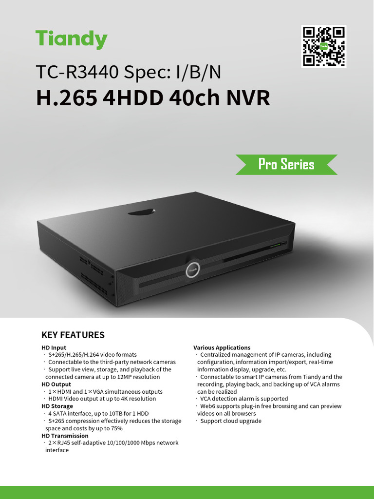 H.265 4HDD 40ch NVR: TC-R3440 Spec: I/B/N | PDF | Hdmi | Video