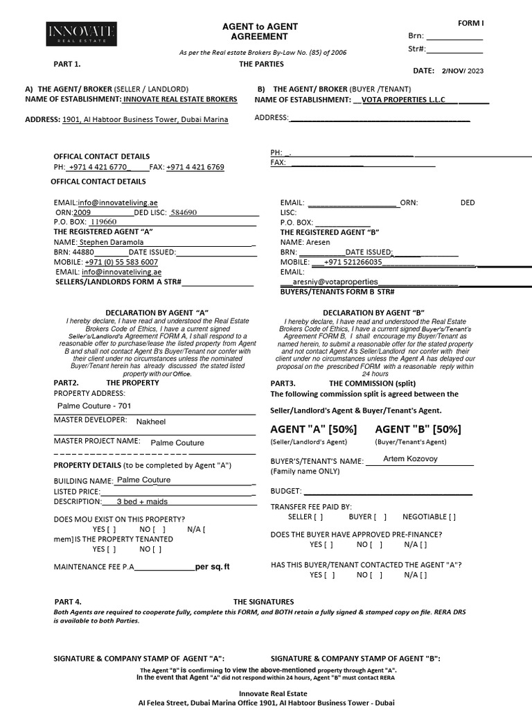 Agent to Agent Agreement Form Dubai | PDF | Leasehold Estate | Landlord
