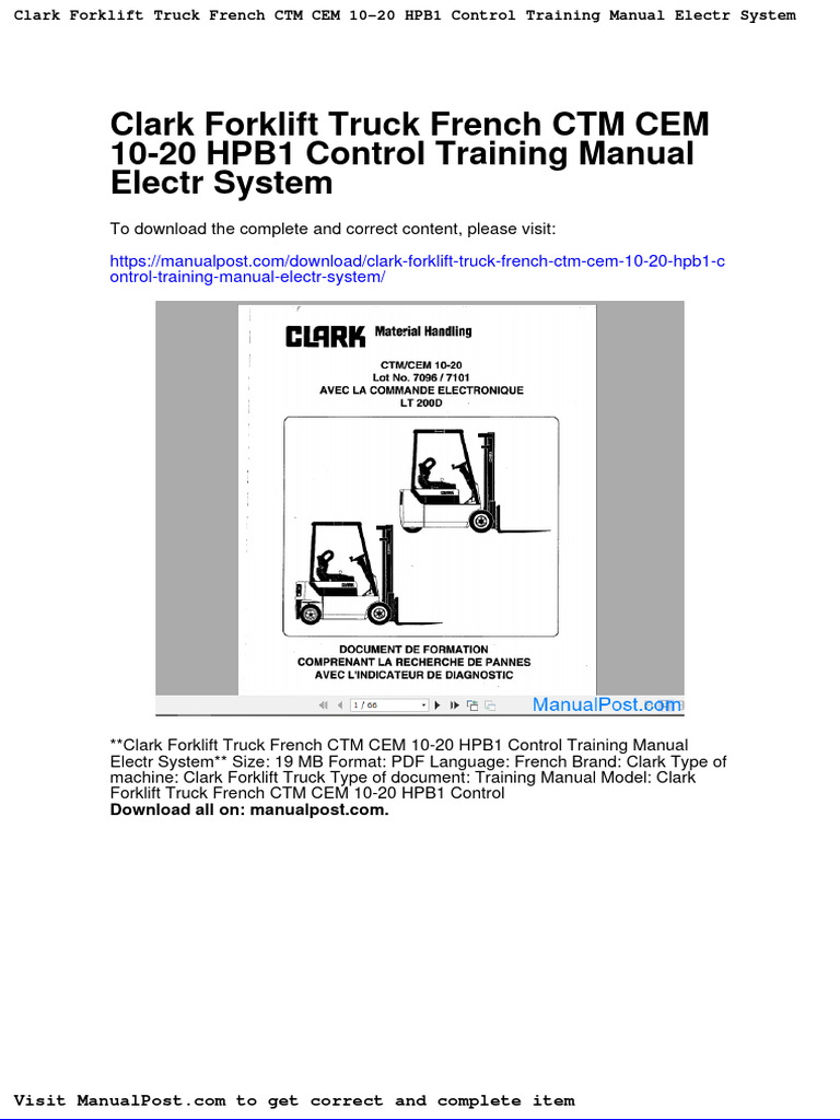 Clark Forklift Truck French CTM Cem 10 20 Hpb1 Control Training Manual