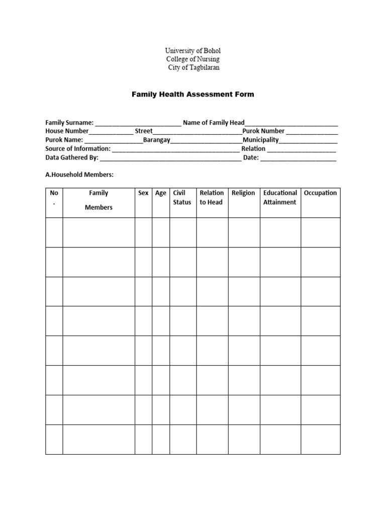 Family Health Assessment Form 1 | PDF | Family | Sanitation