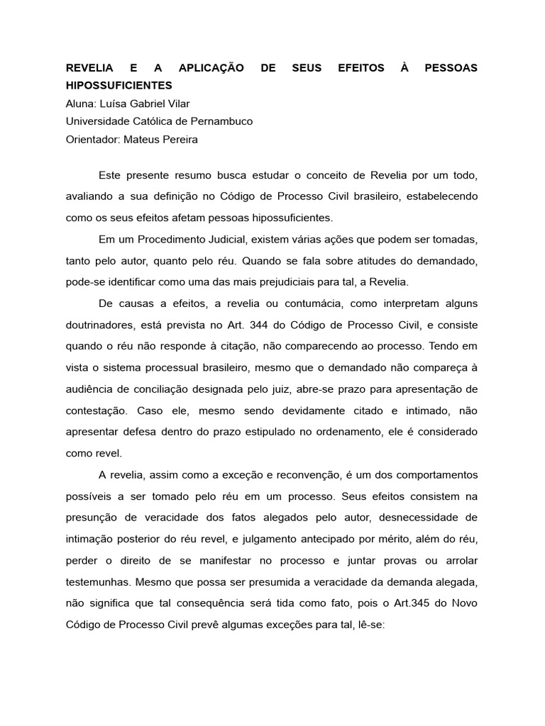 Revelia Como Efeito da Contumácia no Processo Civil Brasileiro em