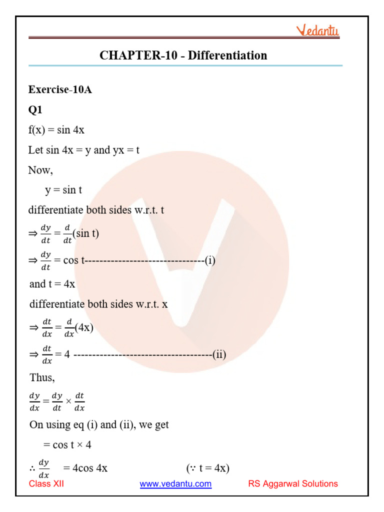 Rs aggarwal class 12 solutions chapter 10 differentiation pdf