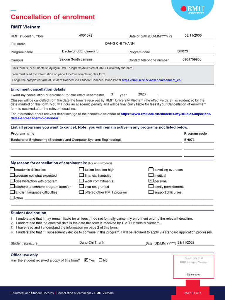 RMITVN Cancellation of Enrolment Form | PDF