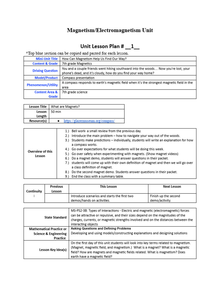 Lesson Plan One Pdf Magnetism Compass