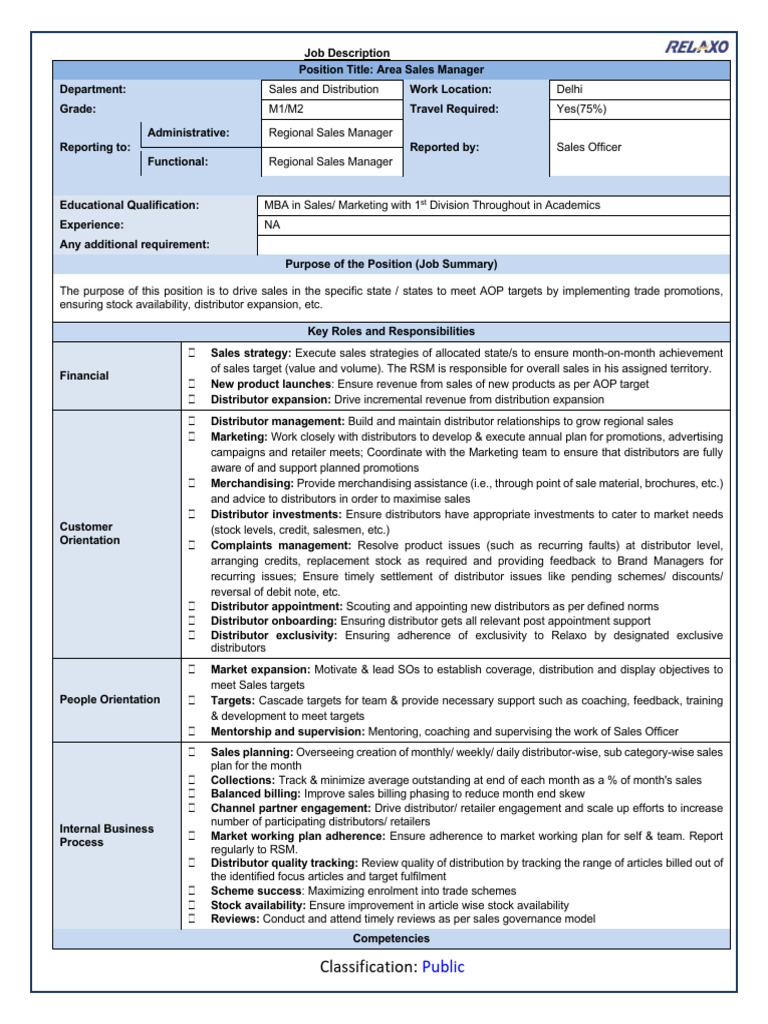 Area Sales Manager Job Overview | PDF | Sales | Marketing