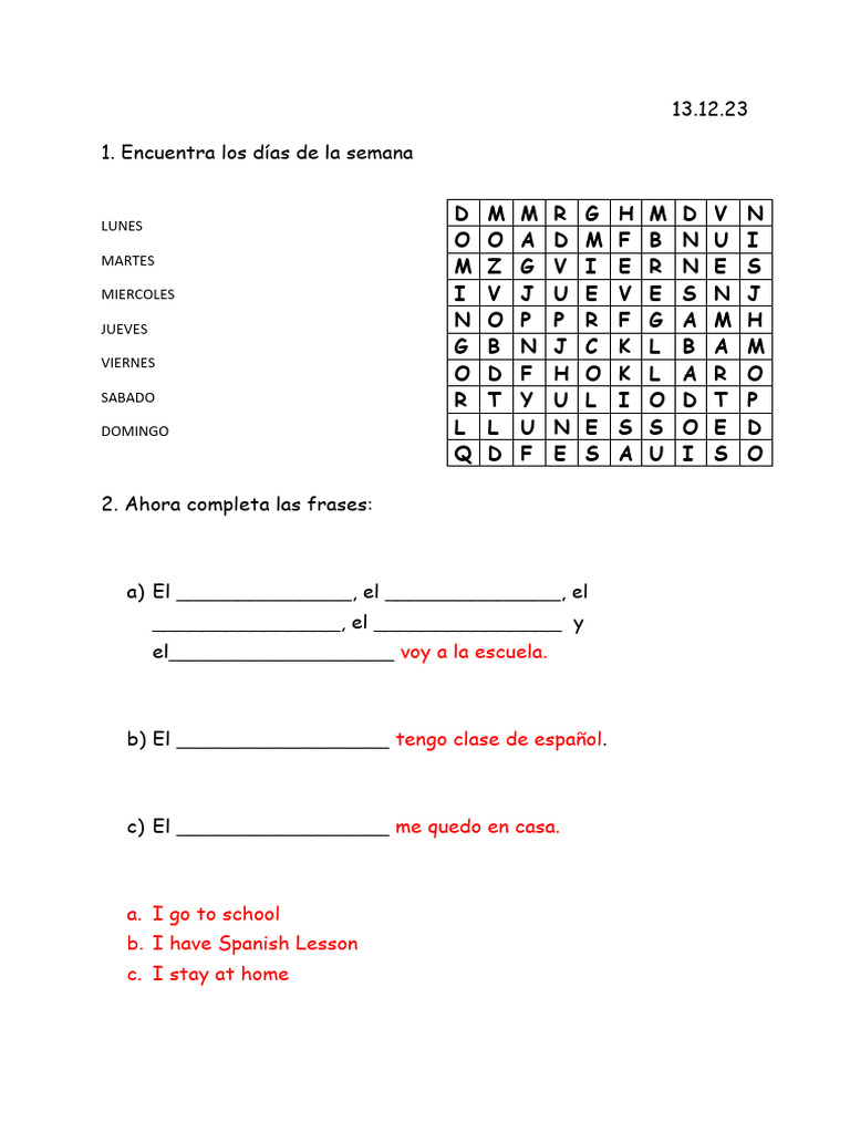 Los Dias de La Semana Hoja de Trabajo - 77377 | PDF