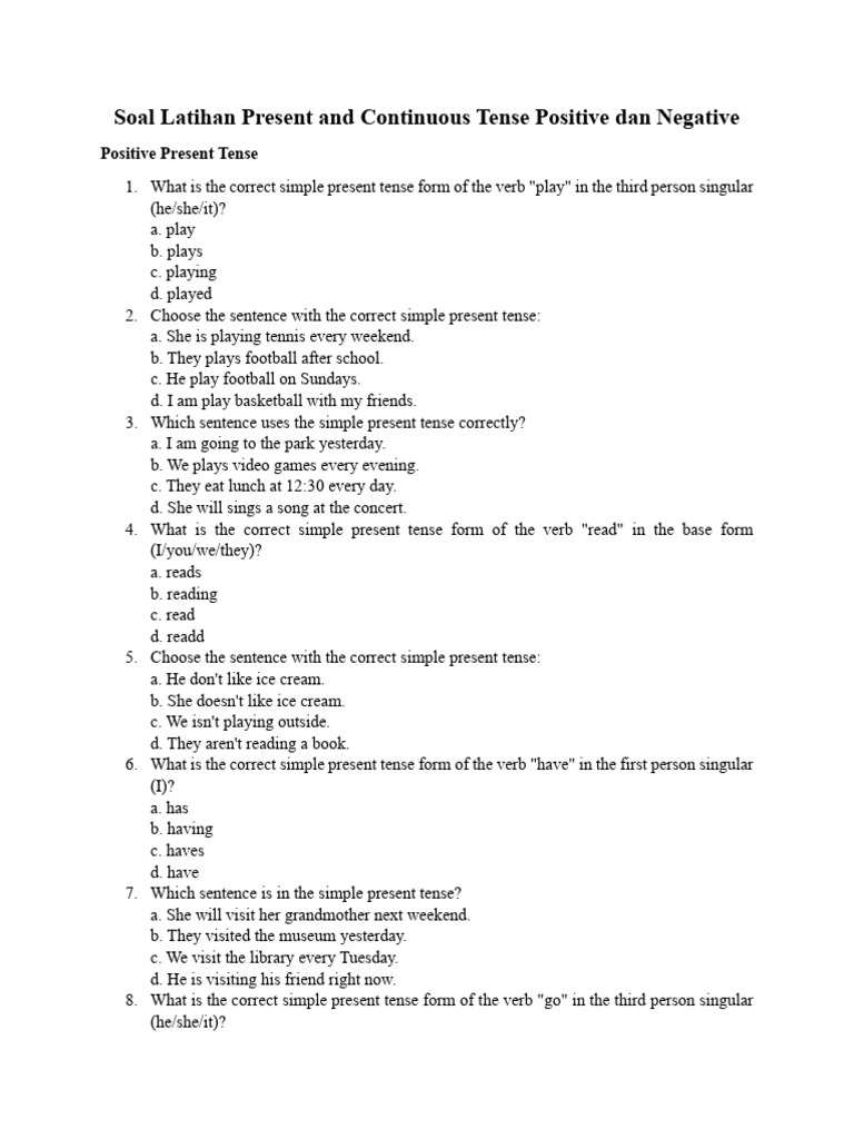 Soal Latihan Present and Continuous Tense Positive Dan Negative | PDF ...
