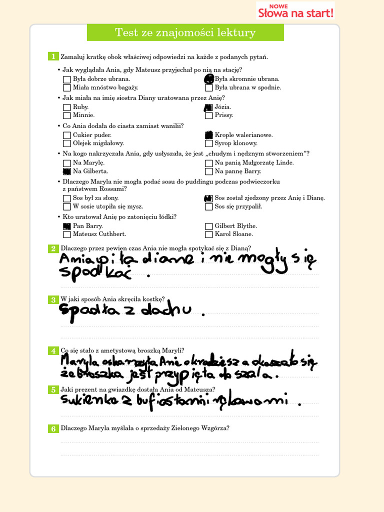 Ania Z Zielonego Wzgórza Test Klasa 5 Edited - Zuzanna Miekin - Test-Ania Z Zielonego Wzgórza | PDF