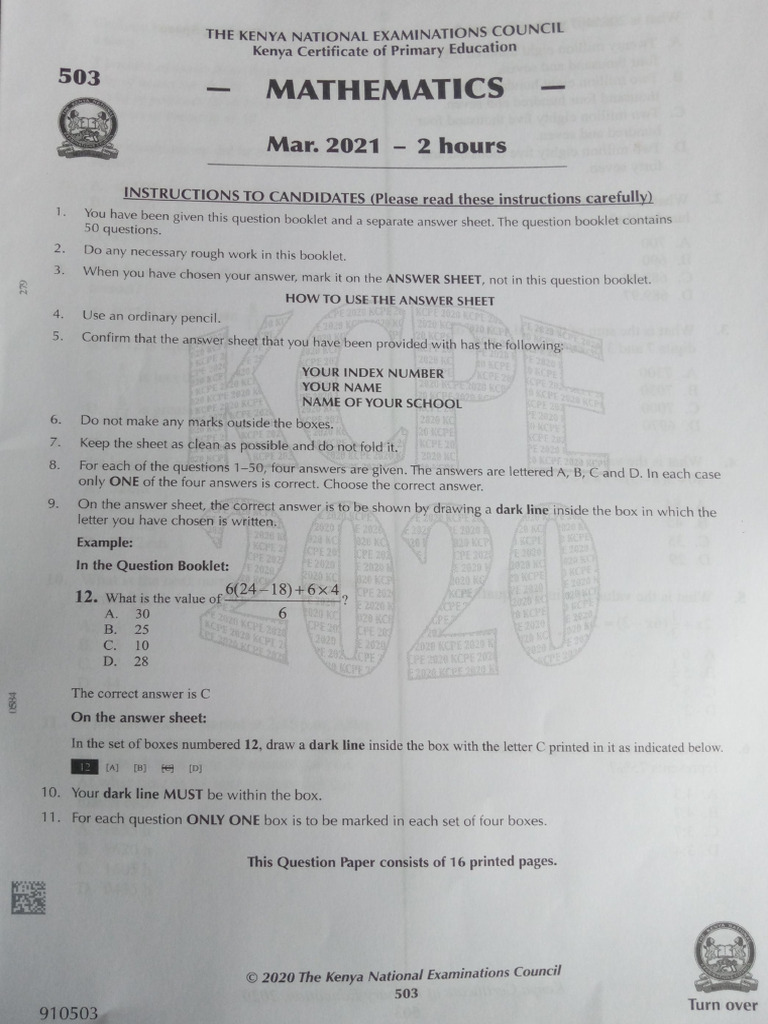 Mathematics KCPE 2021 | PDF