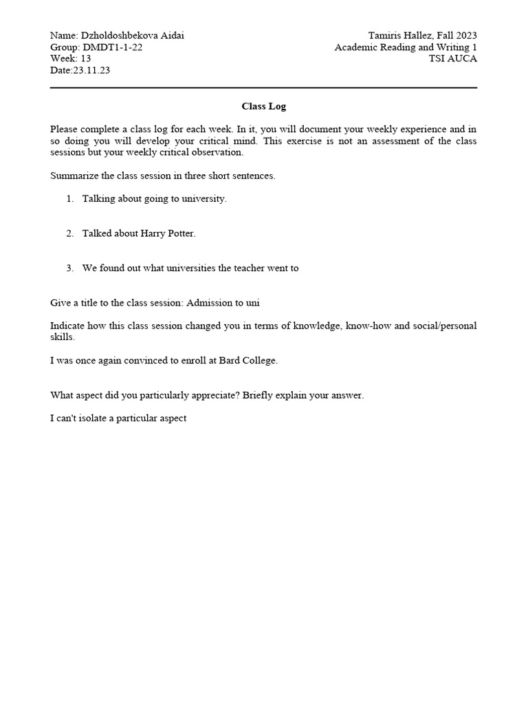 Class Log Uni | PDF | Social Science | Science & Mathematics
