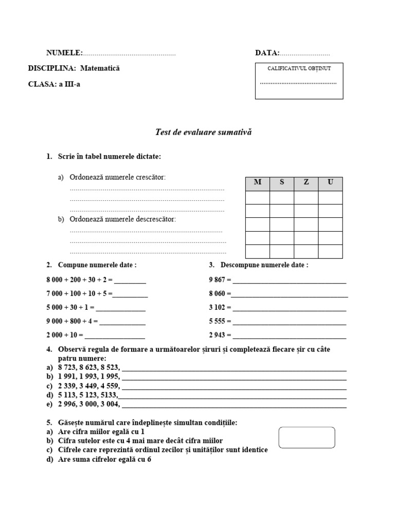 Test - Matematica Cls 3 | PDF
