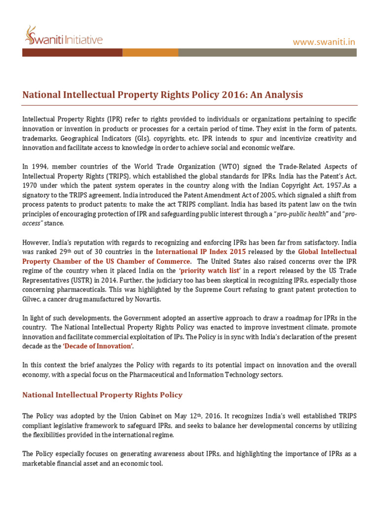 National IPR Policy 2016 an Analysis PDF Intellectual Property