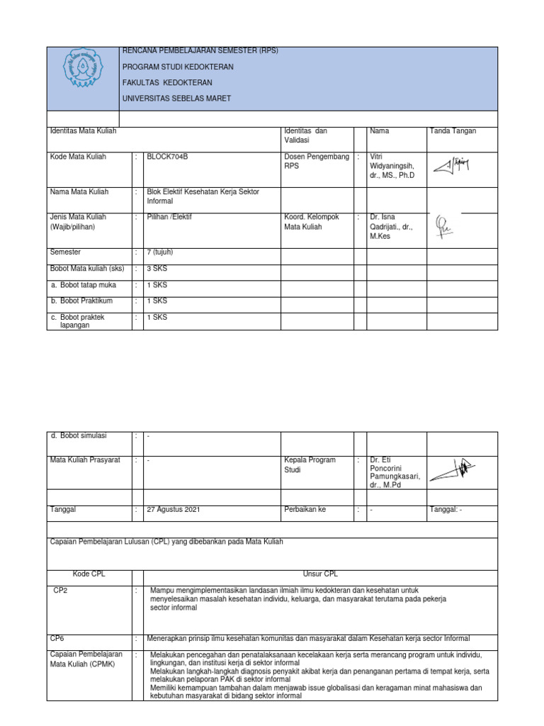 RPS Block 704B Blok Elektif Kesja Sektor Informal 2021 New | PDF ...