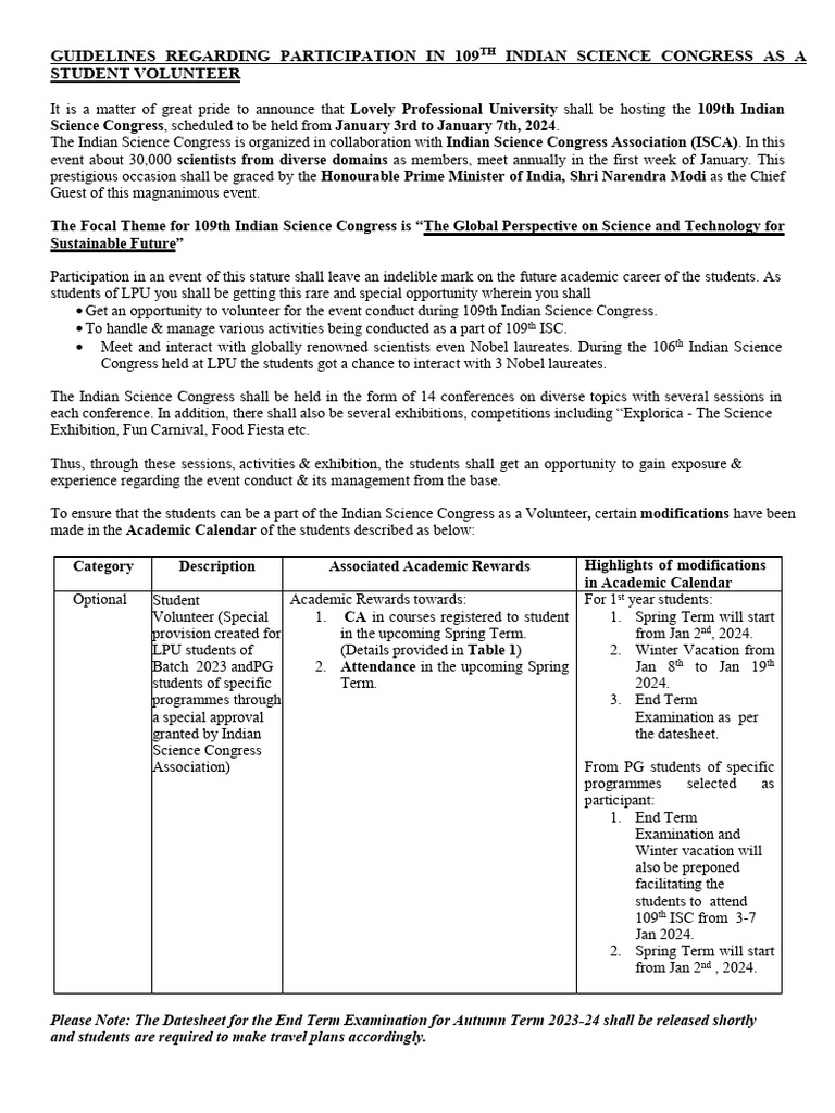 1 - Guidelines Regarding Participation in 109TH Isc As A Student Volunteer  | PDF
