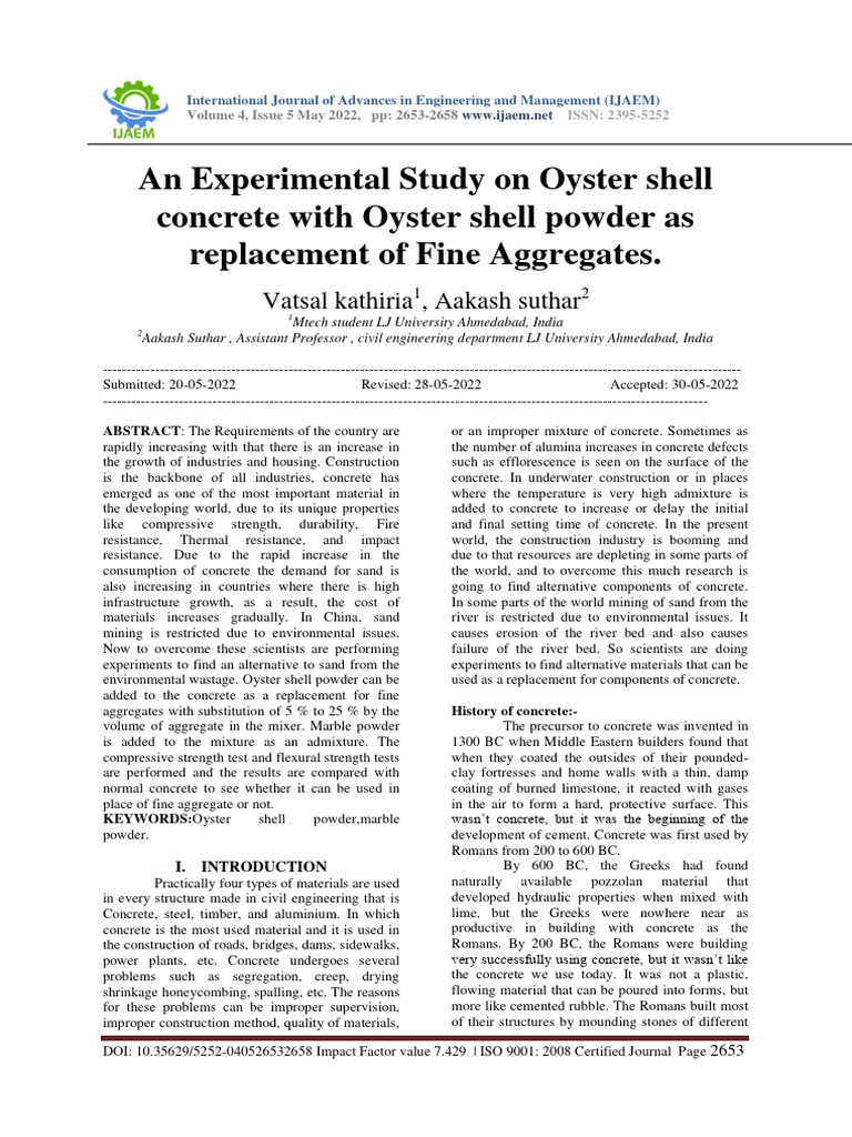 Oyster Shell Concrete: An Experimental Study | PDF | Concrete | Mortar ...