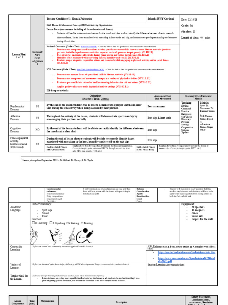 Speedminton Lesson Plan for Grade 9 | PDF | Learning | Cognition