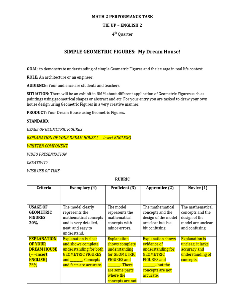 Math 2 performance task for the 4th q pdf mathematics shape