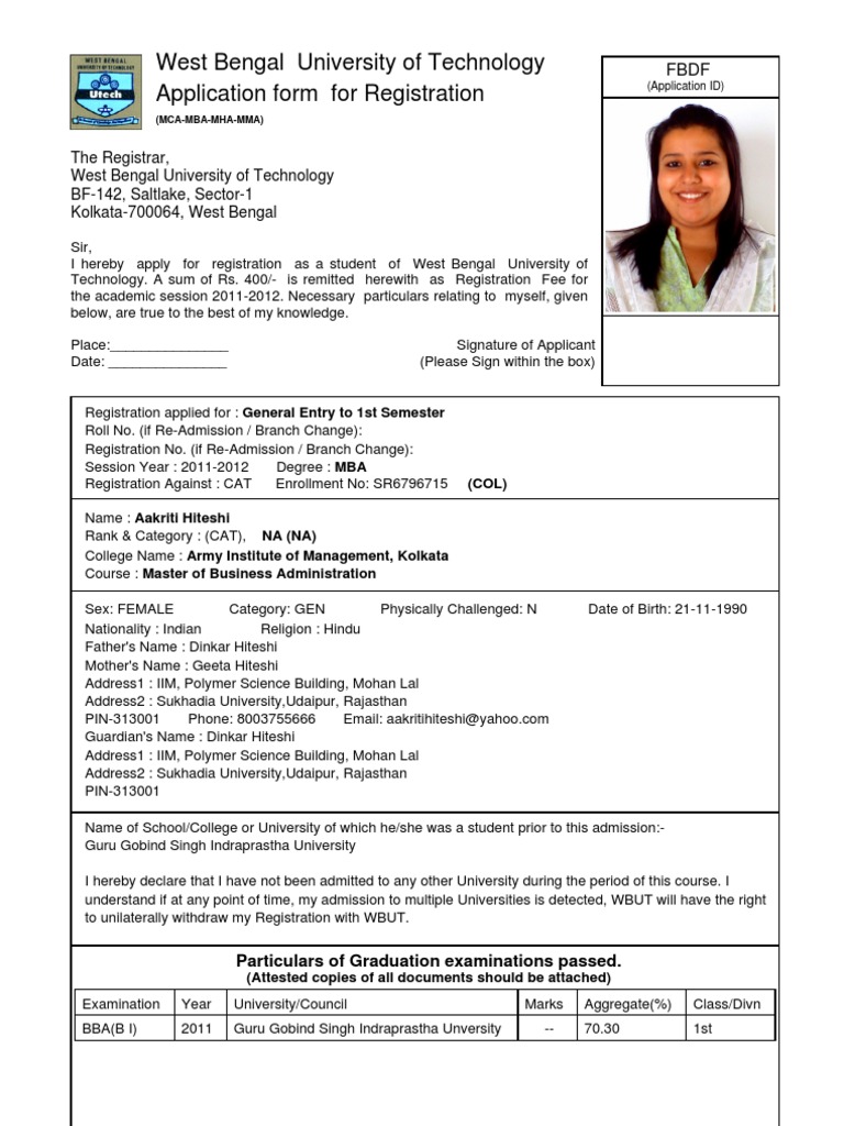 WBUT MCA-MBA Registration Form 2011 | PDF | Master Of Business ...