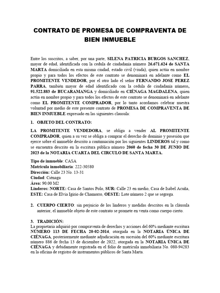 Promesa de Compraventa de Inmueble | PDF | Ley común | Derecho privado