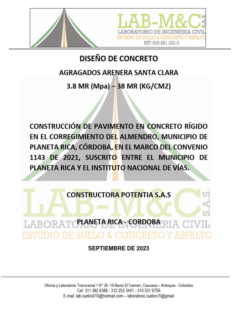 DISEÑO DE CONCRETO 3.8 MR - CONSTRUCTORA POTENTIA S.A.S. | PDF ...