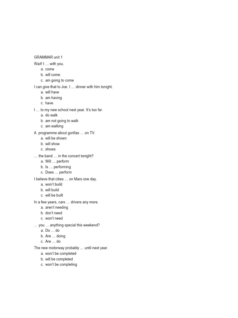 Grammar Unit 1 Future Tests Pdf
