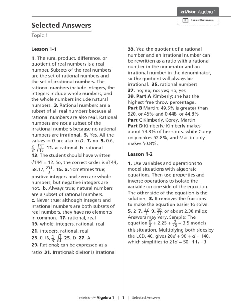 Envision algebra 1 answers pdf rational number numbers