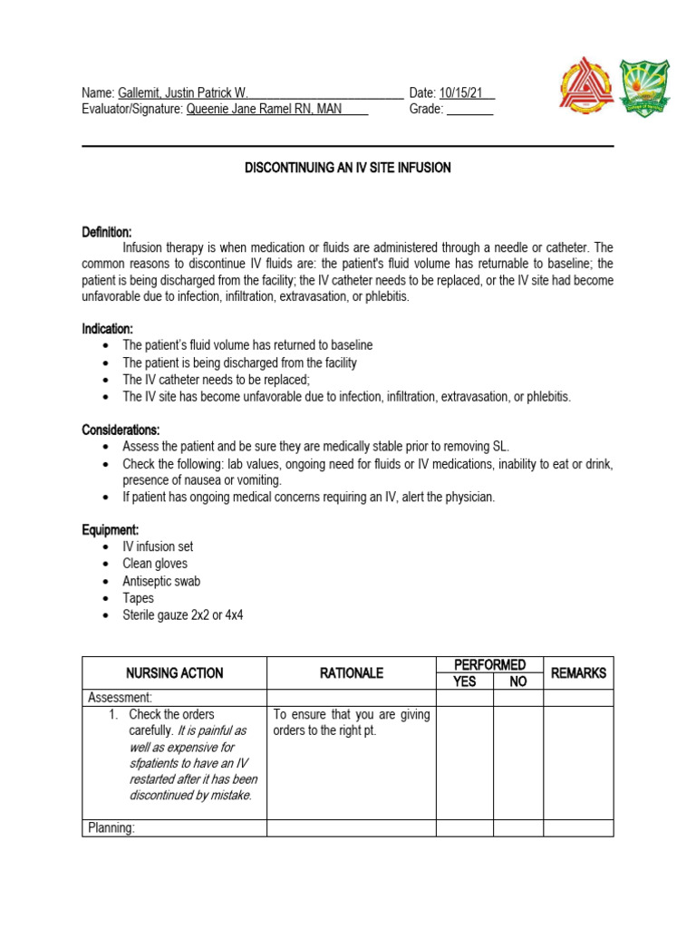 IV Discontinuation Procedures Guide | PDF | Intravenous Therapy ...