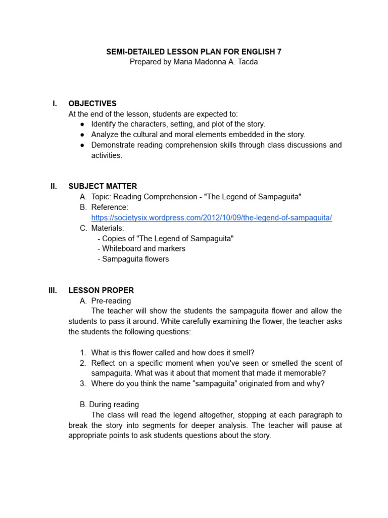 English 7 Lesson Plan: Sampaguita Legend | PDF | Reading Comprehension ...