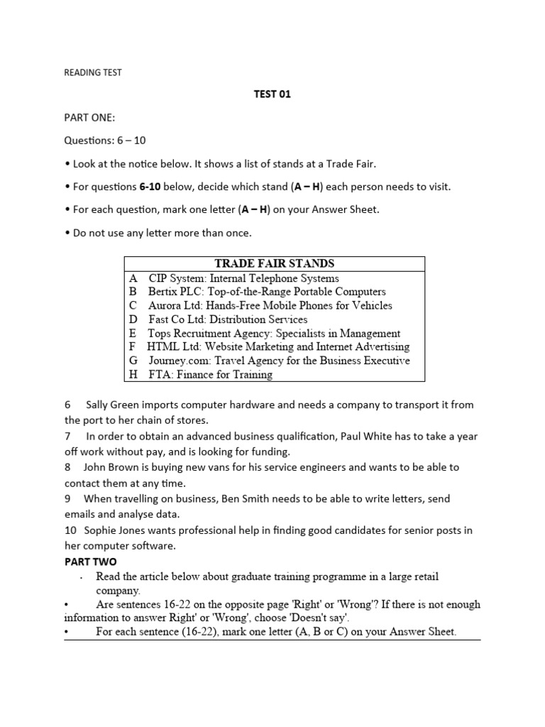 READING TEST - Sent by The Department | PDF | Customer | Leadership