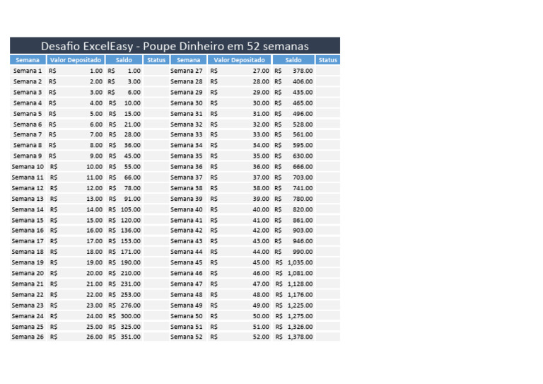 Desafio 52 Semanas Excel Easy PDF