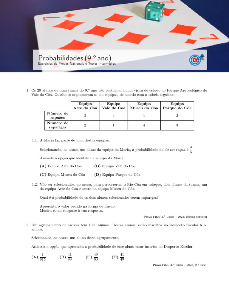 Exercícios de Probabilidade para 9.º Ano | PDF | Probabilidade ...