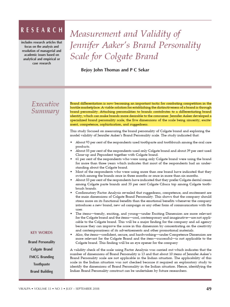 Colgate Brand Personality Scale Analysis | PDF