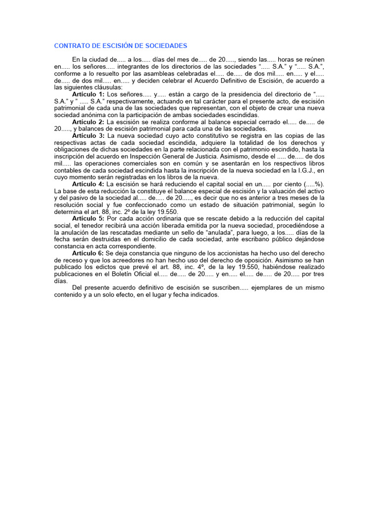 Contrato de Escisión de Sociedades S.A. | PDF | Gobierno | Justicia
