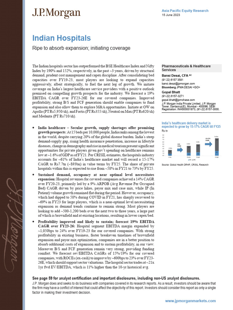 2023-06-14-APLH - ns-jPMorgan-Indian Hospitals Ripe To Absorb Expansion -  Initiating Cove... - 102397906 | PDF | Hospital | Health Care