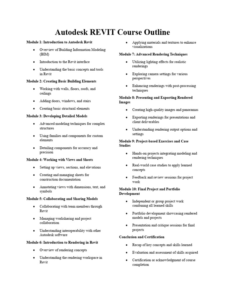 Revit Course Outline and Certification | PDF | Autodesk Revit ...