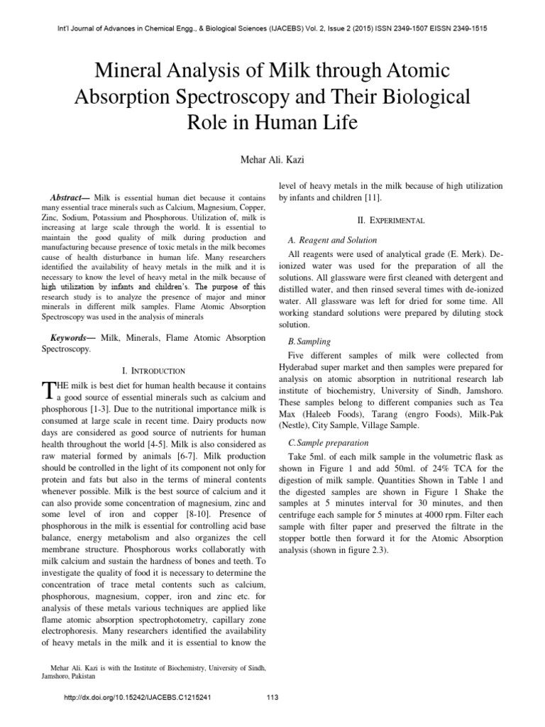 Mineral Analysis of Milk Through Atomic Absorption Spectroscopy and Their Biological Role in