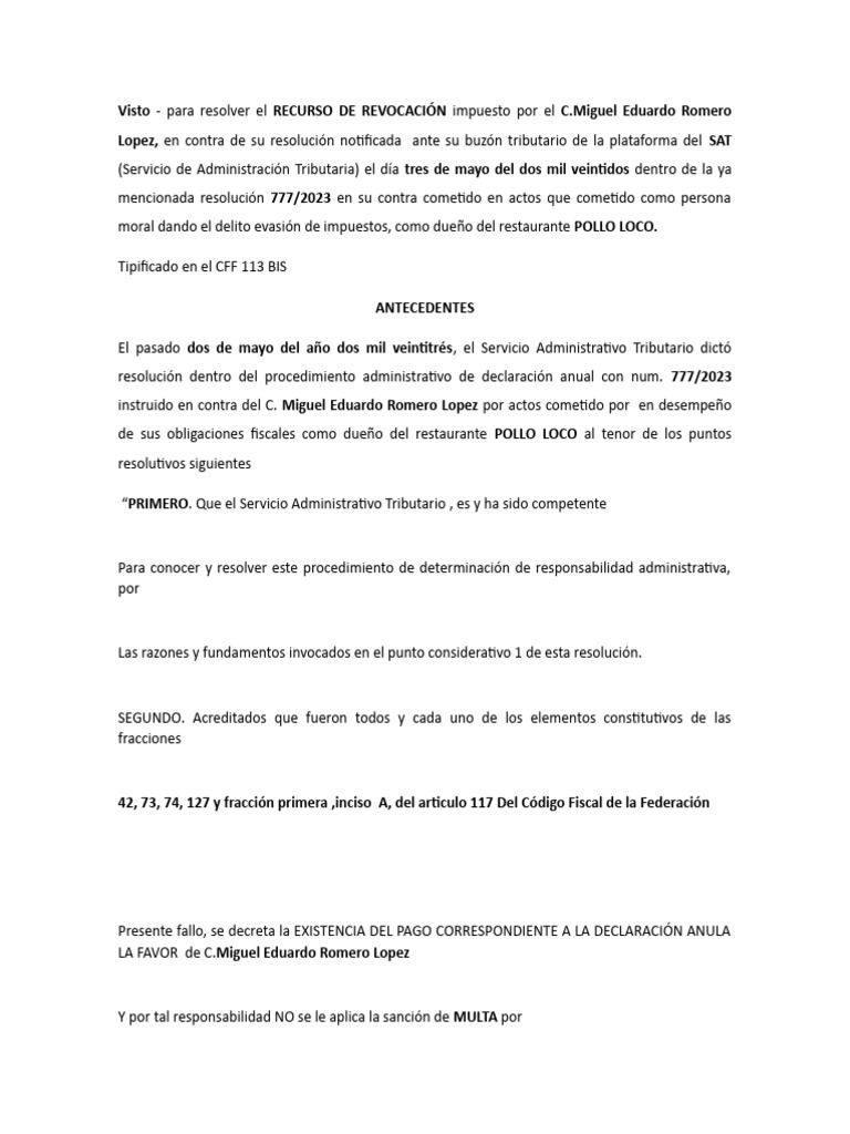 Revocación de multa a Miguel Romero López | PDF