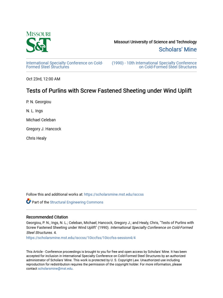 Tests of Purlins With Screw Fastened Sheeting Under Wind Uplift | PDF ...