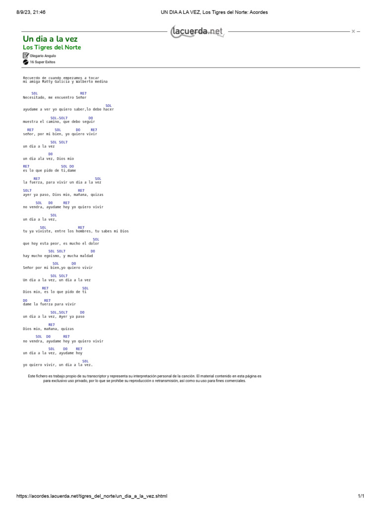 UN DIA A LA VEZ, Los Tigres Del Norte - Acordes EN SOL | PDF