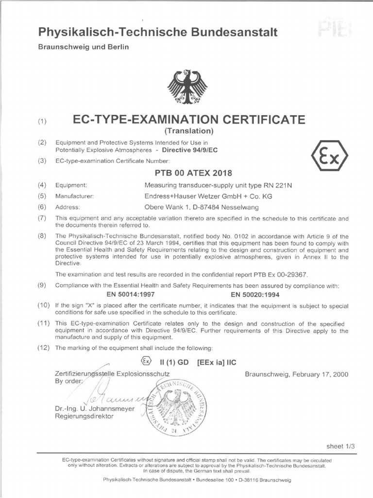 PTB 00 ATEX 2018 | PDF