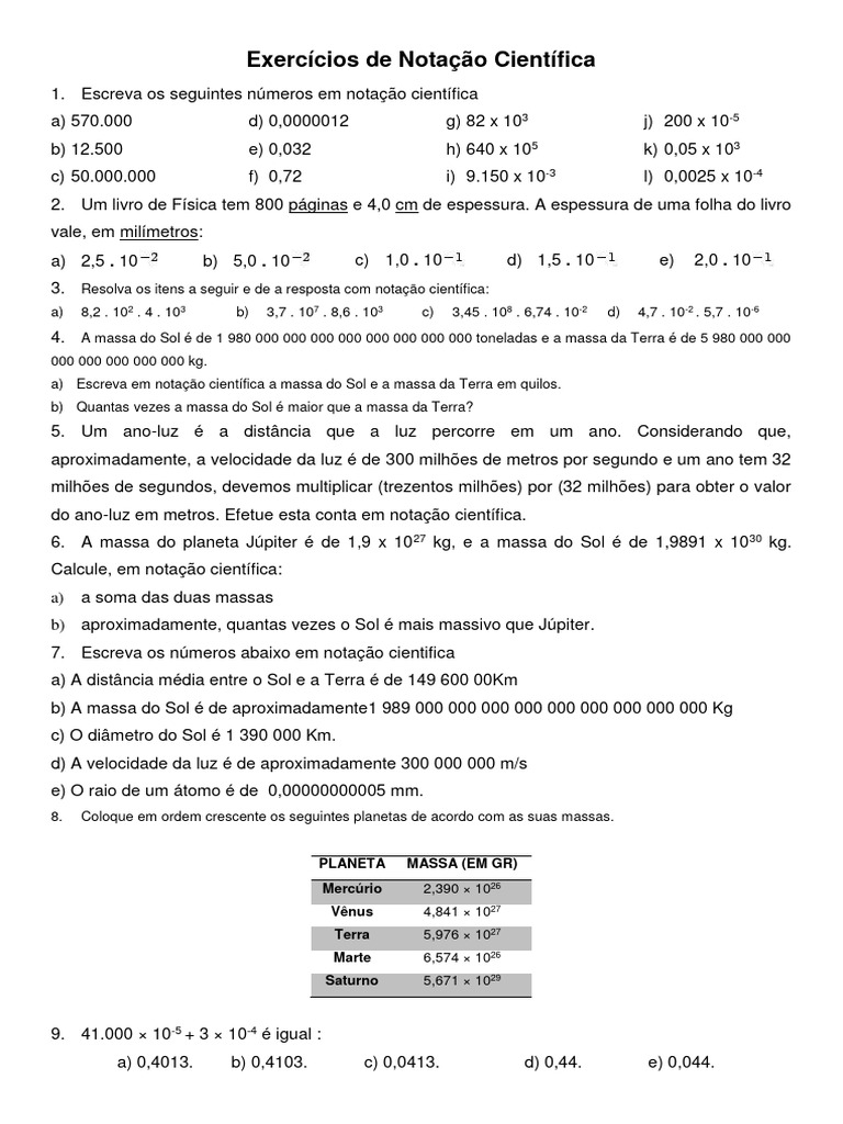 Exercicios Sobre Notacao Cientifica