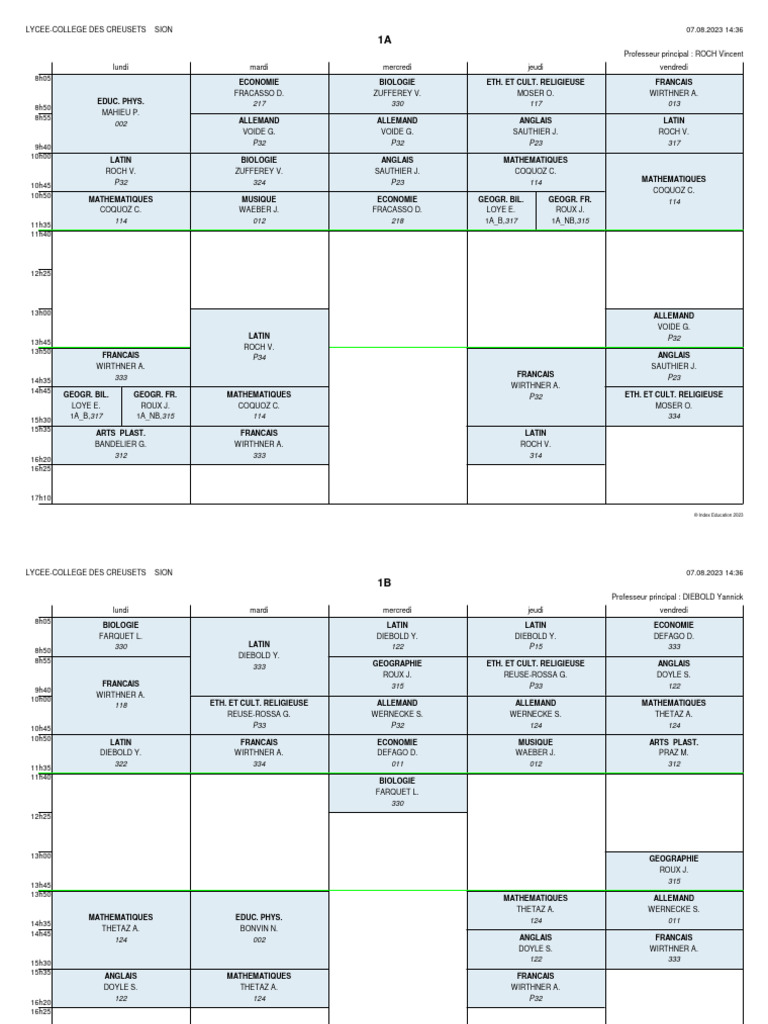 Emploi du temps des classes 1A à 1I | PDF | Mathématiques