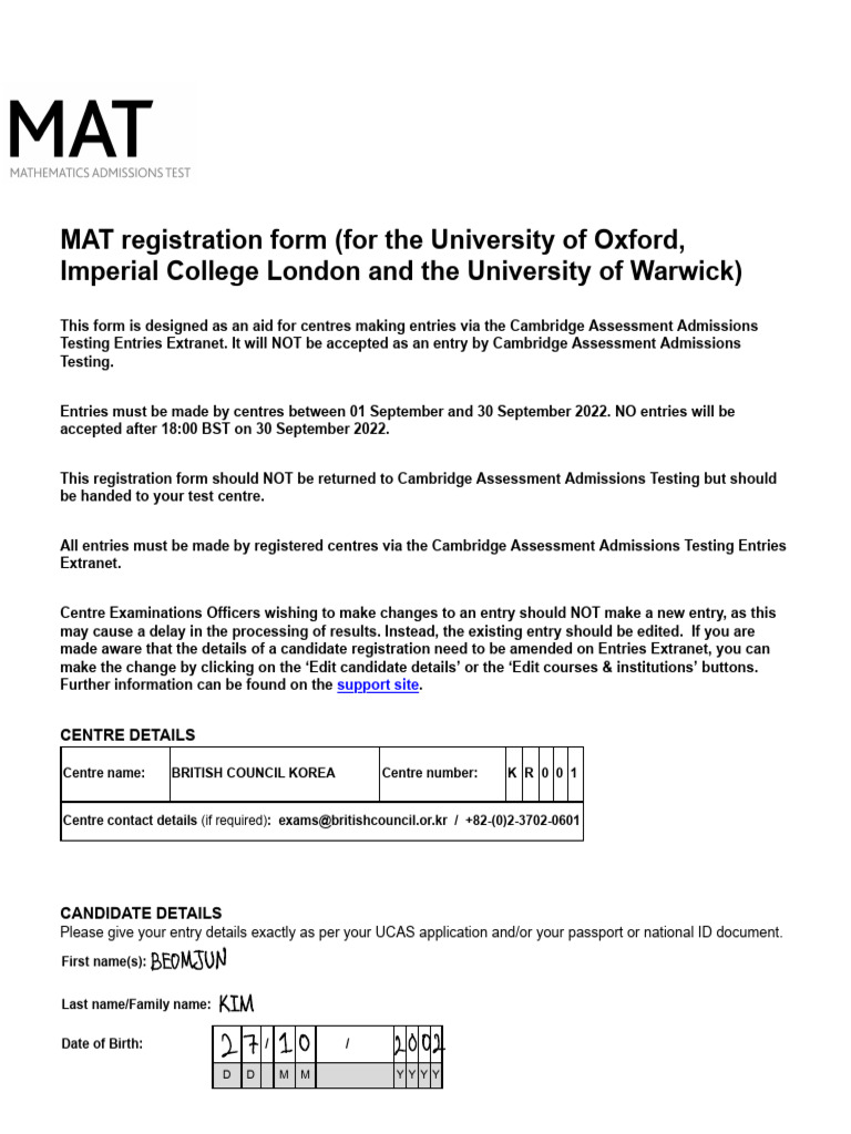 MAT 2022_candidate registration form PDF Mathematics Computer Science