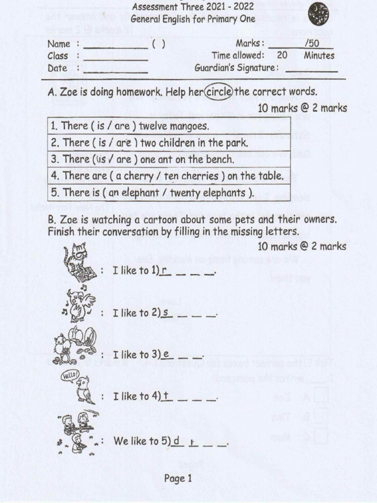 Primary One Formative Assessment 2 | PDF