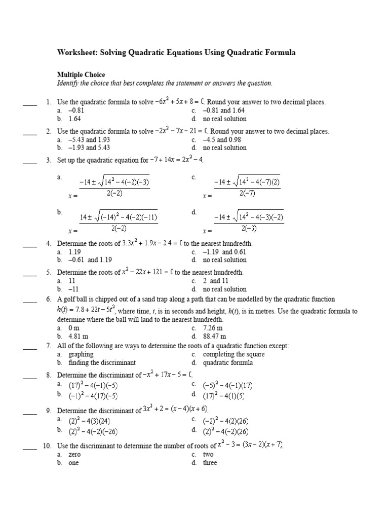 Worksheet Quadratic Formula | PDF | Quadratic Equation | Mathematical ...